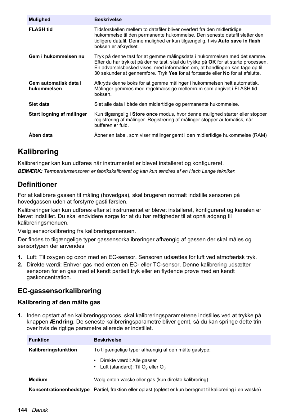 Kalibrering, Definitioner, Ec-gassensorkalibrering | Kalibrering af den målte gas | Hach-Lange ORBISPHERE 410 Basic User Manual User Manual | Page 144 / 190