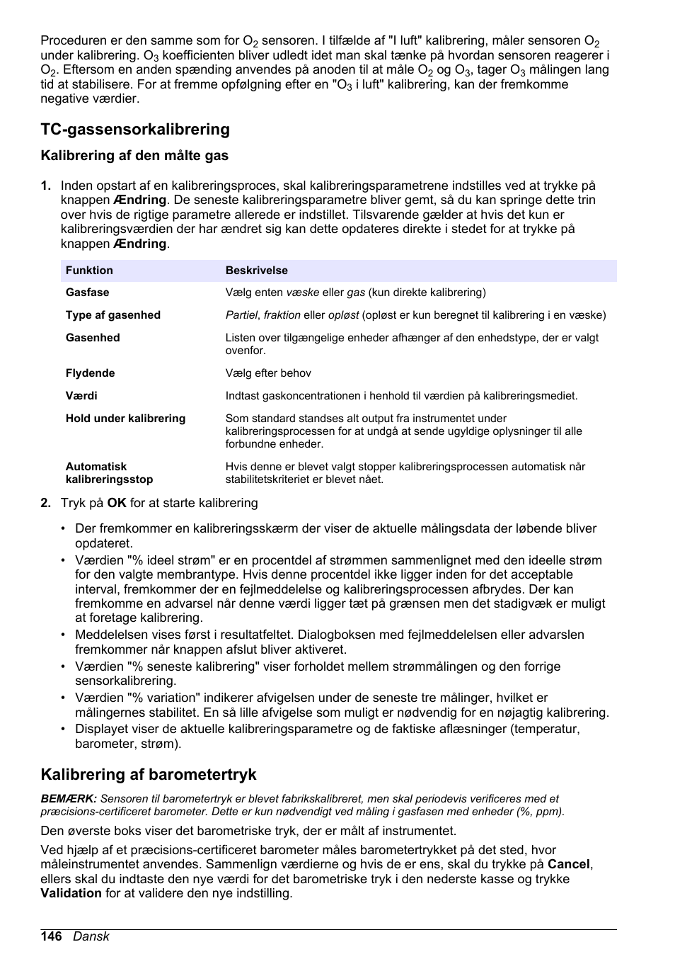 Tc-gassensorkalibrering, Kalibrering af den målte gas, Kalibrering af barometertryk | Hach-Lange ORBISPHERE 410 Basic User Manual User Manual | Page 146 / 190