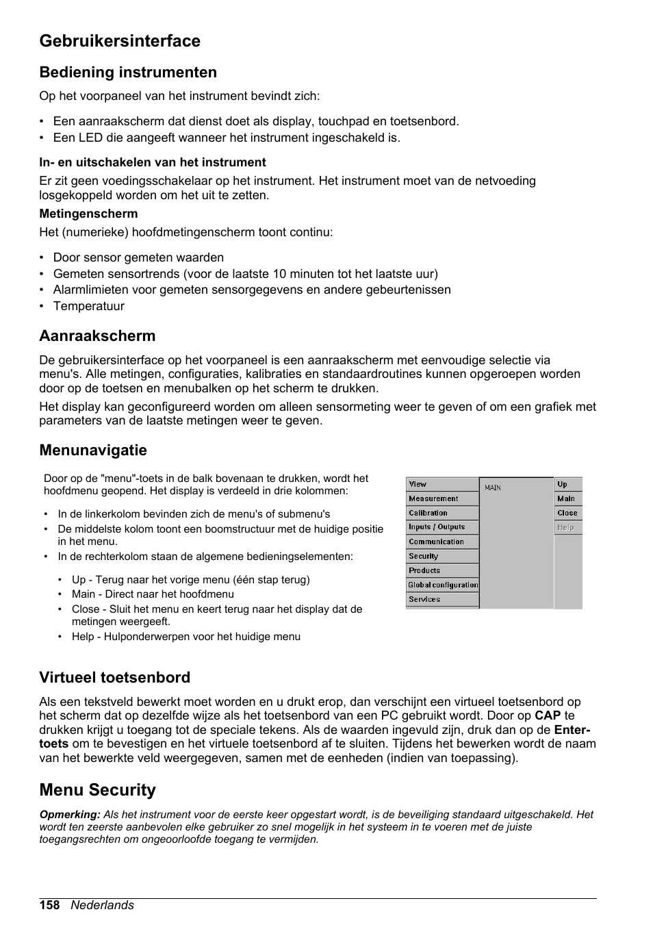 Gebruikersinterface, Bediening instrumenten, Aanraakscherm | Menunavigatie, Virtueel toetsenbord, Menu security | Hach-Lange ORBISPHERE 410 Basic User Manual User Manual | Page 158 / 190