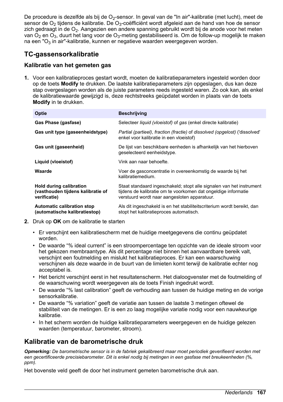 Tc-gassensorkalibratie, Kalibratie van het gemeten gas, Kalibratie van de barometrische druk | Hach-Lange ORBISPHERE 410 Basic User Manual User Manual | Page 167 / 190