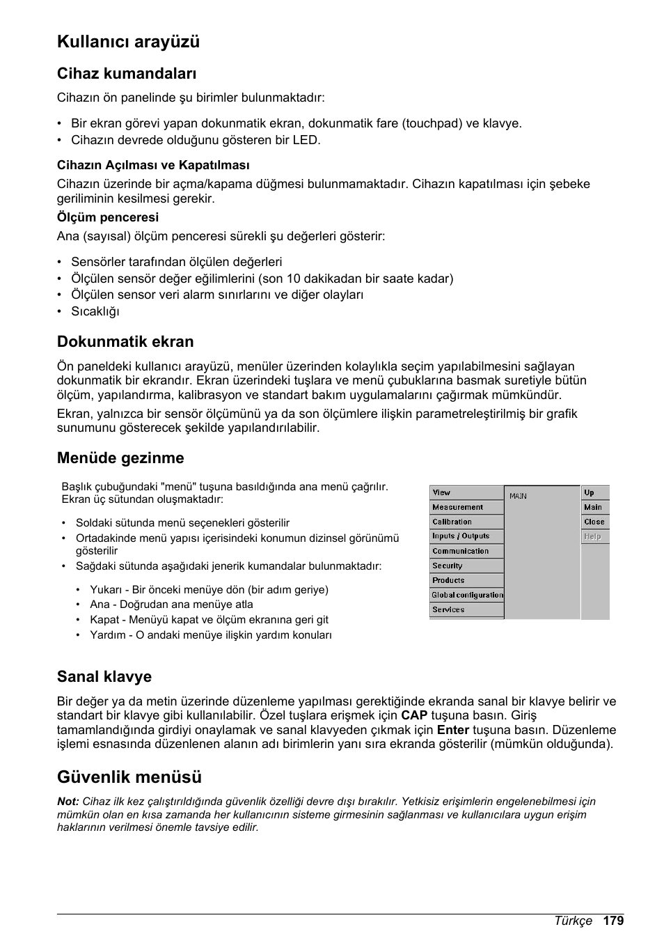 Kullanıcı arayüzü, Cihaz kumandaları, Dokunmatik ekran | Menüde gezinme, Sanal klavye, Güvenlik menüsü | Hach-Lange ORBISPHERE 410 Basic User Manual User Manual | Page 179 / 190