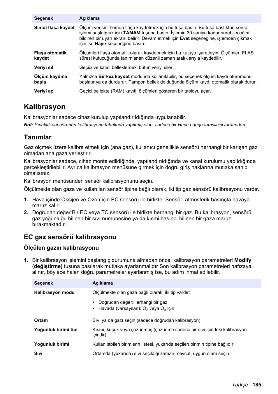 Kalibrasyon, Tanımlar, Ec gaz sensörü kalibrasyonu | Ölçülen gazın kalibrasyonu | Hach-Lange ORBISPHERE 410 Basic User Manual User Manual | Page 185 / 190