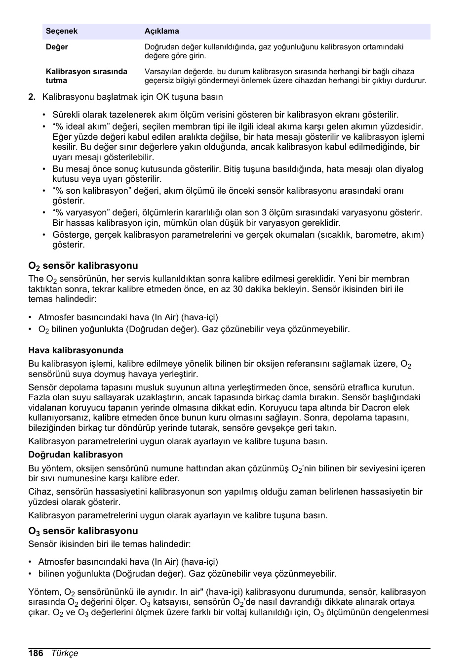 O2 sensör kalibrasyonu, O3 sensör kalibrasyonu | Hach-Lange ORBISPHERE 410 Basic User Manual User Manual | Page 186 / 190