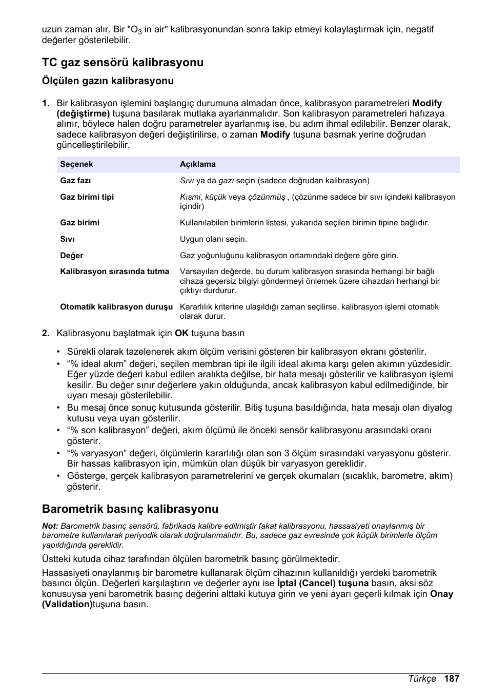 Tc gaz sensörü kalibrasyonu, Ölçülen gazın kalibrasyonu, Barometrik basınç kalibrasyonu | Hach-Lange ORBISPHERE 410 Basic User Manual User Manual | Page 187 / 190
