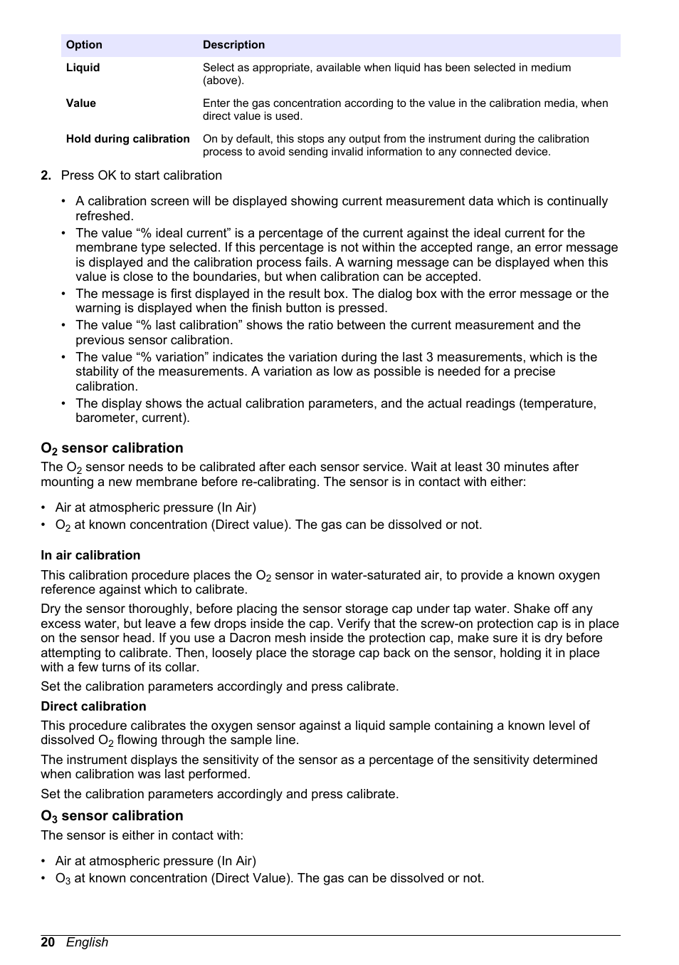 O2 sensor calibration, O3 sensor calibration | Hach-Lange ORBISPHERE 410 Basic User Manual User Manual | Page 20 / 190