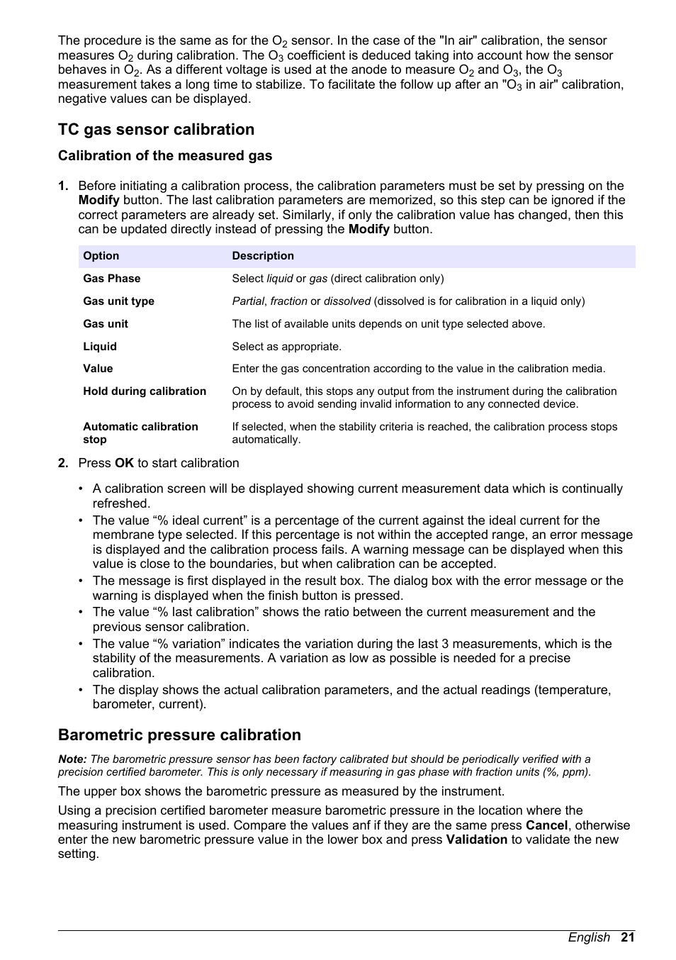 Tc gas sensor calibration, Calibration of the measured gas, Barometric pressure calibration | Hach-Lange ORBISPHERE 410 Basic User Manual User Manual | Page 21 / 190