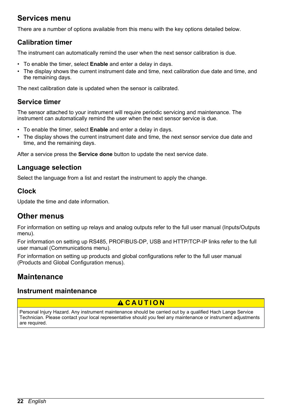 Services menu, Calibration timer, Service timer | Language selection, Clock, Other menus, Maintenance, Instrument maintenance | Hach-Lange ORBISPHERE 410 Basic User Manual User Manual | Page 22 / 190