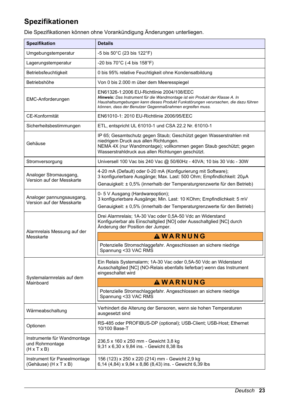 Basis-bedienungsanleitung, Spezifikationen, Deutsch | Hach-Lange ORBISPHERE 410 Basic User Manual User Manual | Page 23 / 190