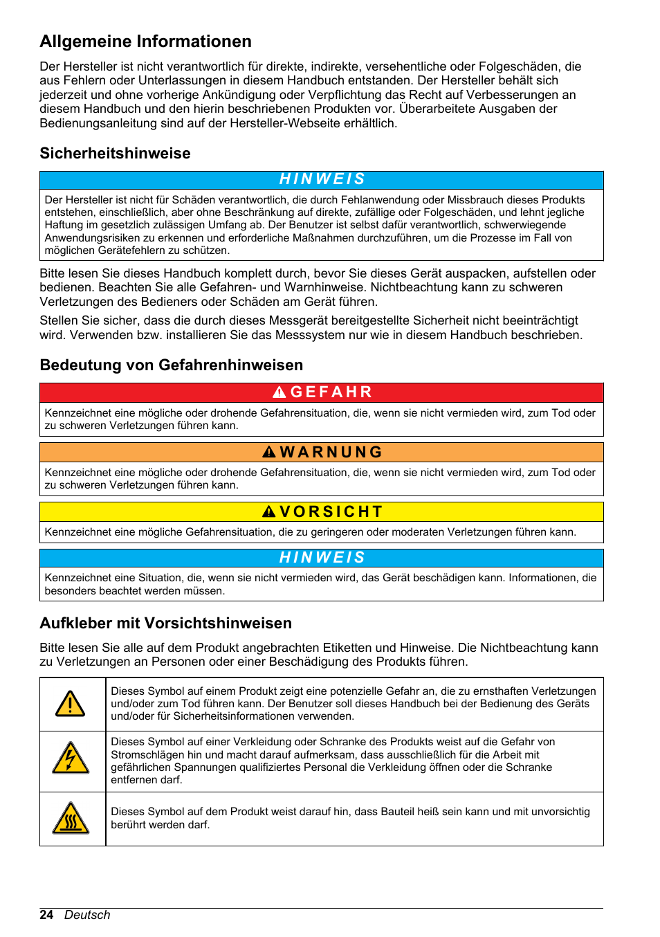 Allgemeine informationen, Sicherheitshinweise, Bedeutung von gefahrenhinweisen | Aufkleber mit vorsichtshinweisen | Hach-Lange ORBISPHERE 410 Basic User Manual User Manual | Page 24 / 190
