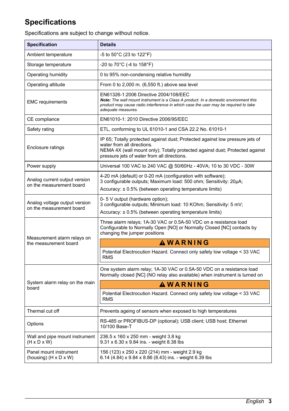 Basic user manual, Specifications, English | Hach-Lange ORBISPHERE 410 Basic User Manual User Manual | Page 3 / 190