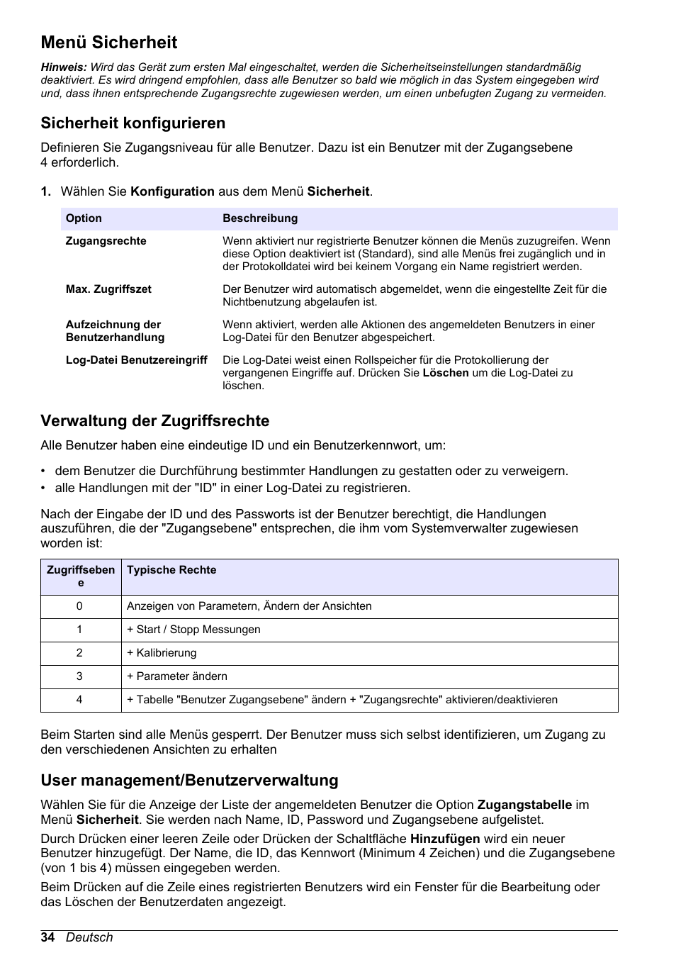 Menü sicherheit, Sicherheit konfigurieren, Verwaltung der zugriffsrechte | User management/‍benutzerverwaltung, User management/benutzerverwaltung | Hach-Lange ORBISPHERE 410 Basic User Manual User Manual | Page 34 / 190