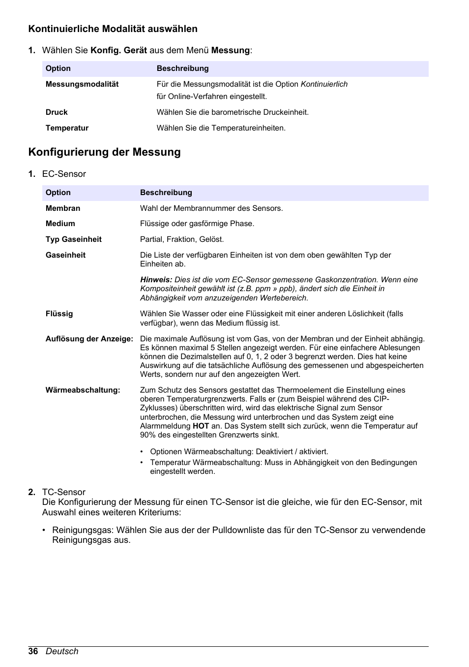 Kontinuierliche modalität auswählen, Konfigurierung der messung | Hach-Lange ORBISPHERE 410 Basic User Manual User Manual | Page 36 / 190