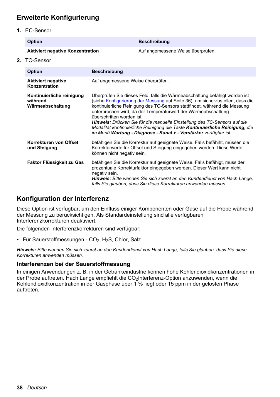 Erweiterte konfigurierung, Konfiguration der interferenz, Interferenzen bei der sauerstoffmessung | Hach-Lange ORBISPHERE 410 Basic User Manual User Manual | Page 38 / 190