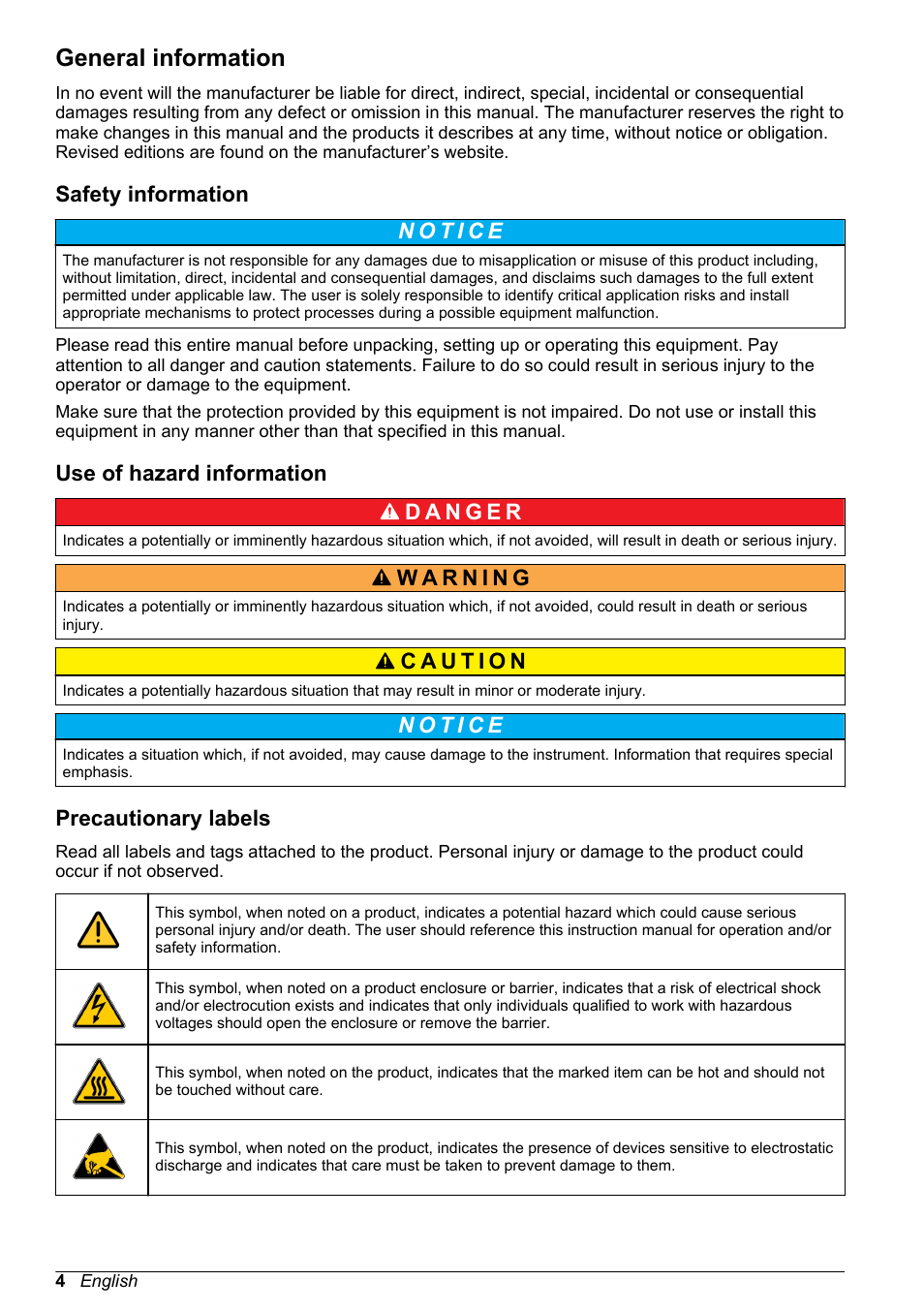 General information, Safety information, Use of hazard information | Precautionary labels | Hach-Lange ORBISPHERE 410 Basic User Manual User Manual | Page 4 / 190