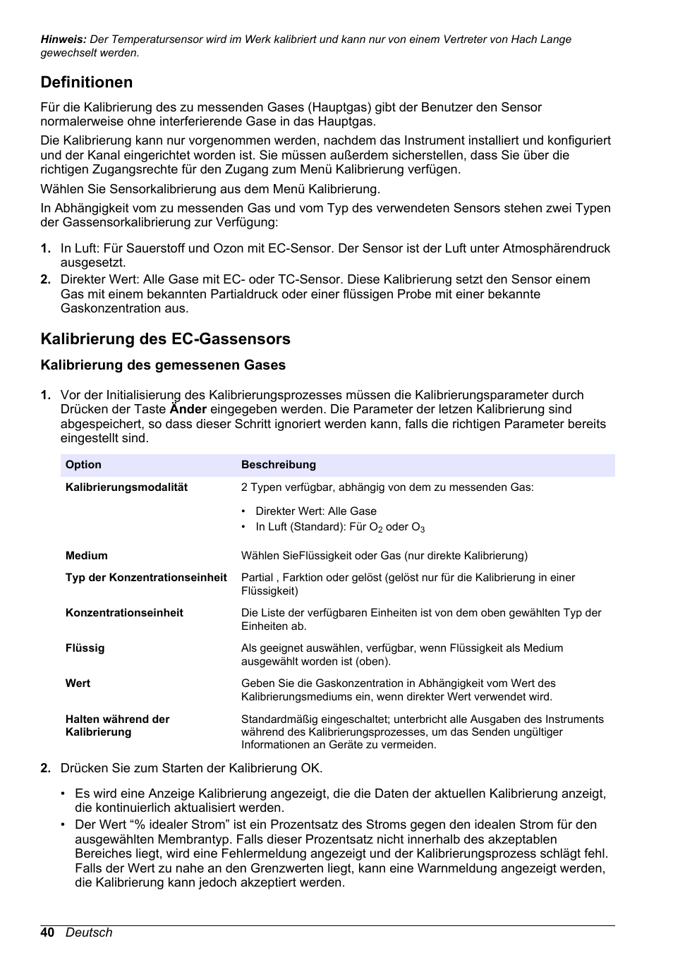 Definitionen, Kalibrierung des ec-gassensors, Kalibrierung des gemessenen gases | Hach-Lange ORBISPHERE 410 Basic User Manual User Manual | Page 40 / 190