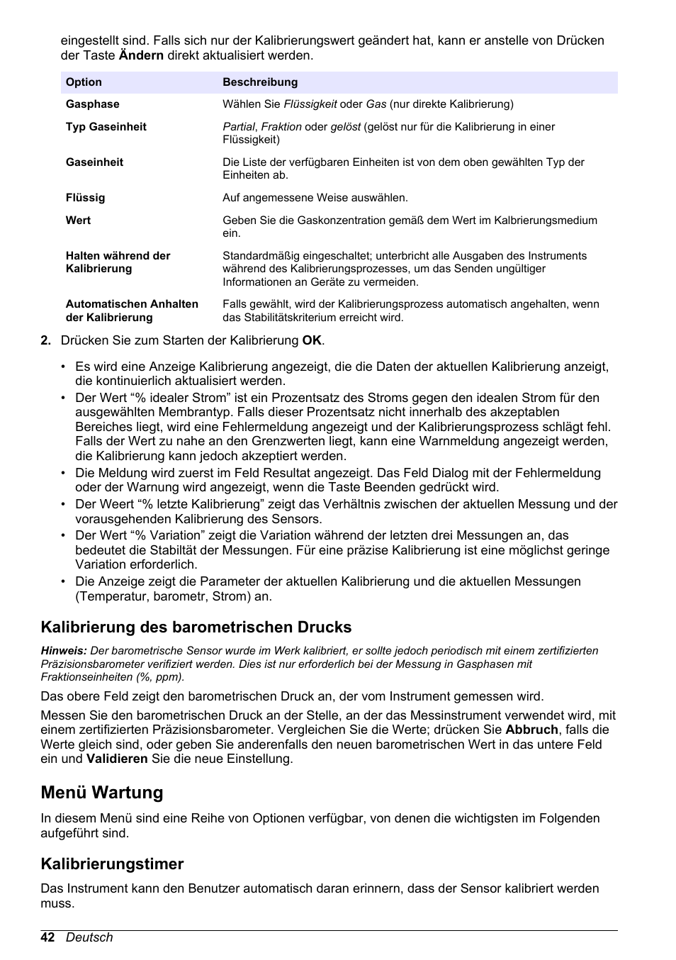 Kalibrierung des barometrischen drucks, Menü wartung, Kalibrierungstimer | Hach-Lange ORBISPHERE 410 Basic User Manual User Manual | Page 42 / 190