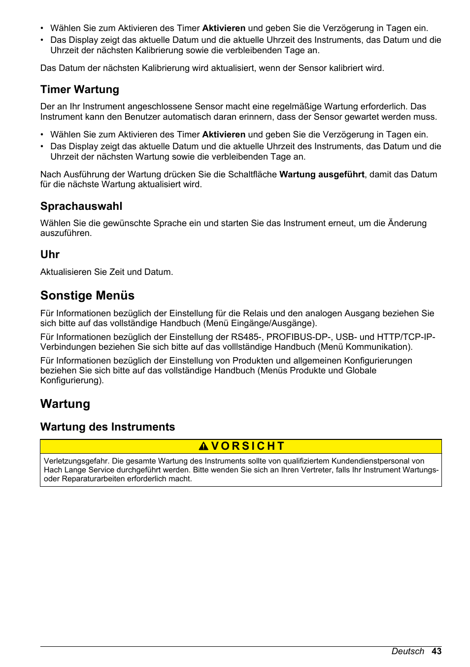 Timer wartung, Sprachauswahl, Sonstige menüs | Wartung, Wartung des instruments | Hach-Lange ORBISPHERE 410 Basic User Manual User Manual | Page 43 / 190
