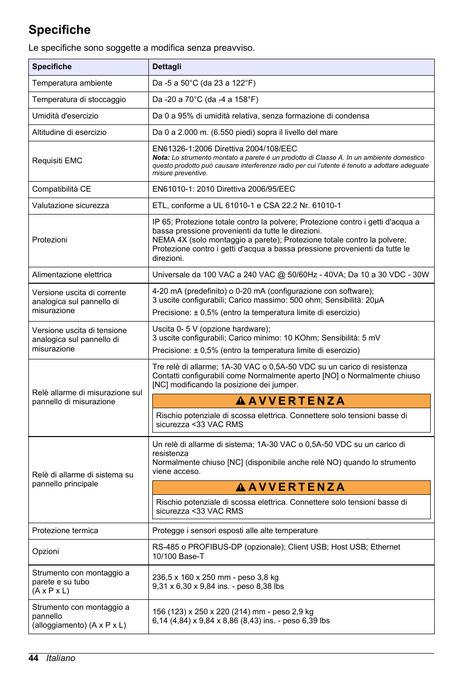 Manuale dell'utente di base, Specifiche, Italiano | Hach-Lange ORBISPHERE 410 Basic User Manual User Manual | Page 44 / 190