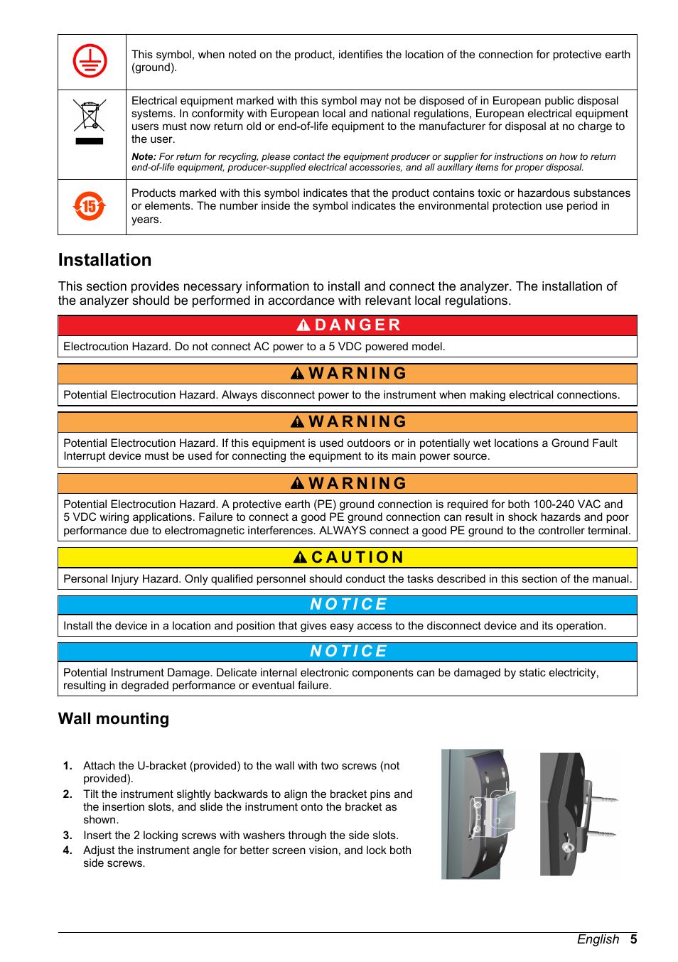 Installation, Wall mounting | Hach-Lange ORBISPHERE 410 Basic User Manual User Manual | Page 5 / 190