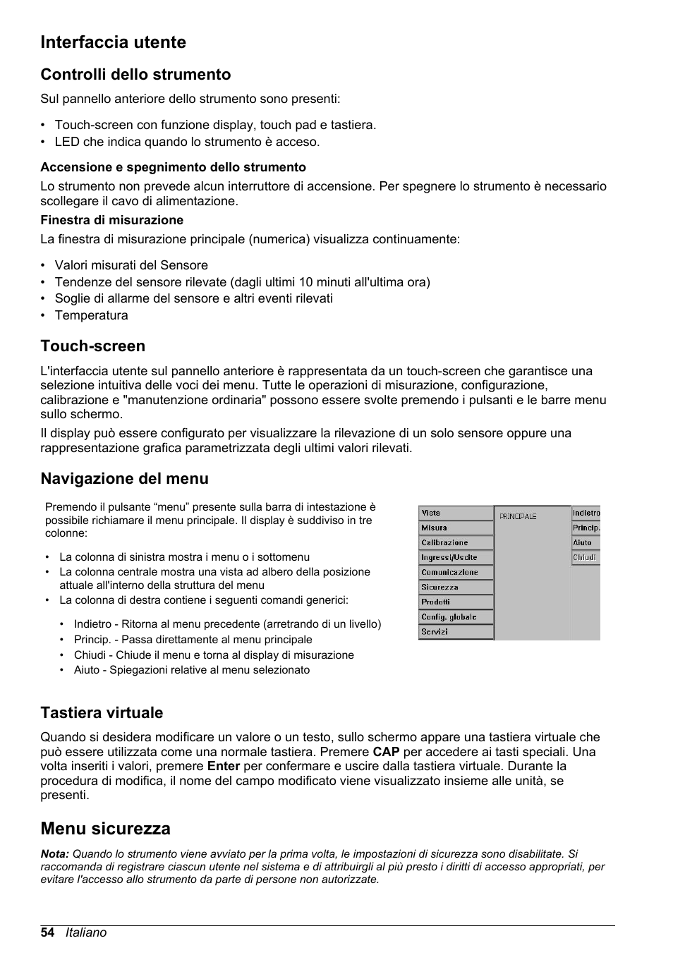 Interfaccia utente, Controlli dello strumento, Touch-screen | Navigazione del menu, Tastiera virtuale, Menu sicurezza | Hach-Lange ORBISPHERE 410 Basic User Manual User Manual | Page 54 / 190