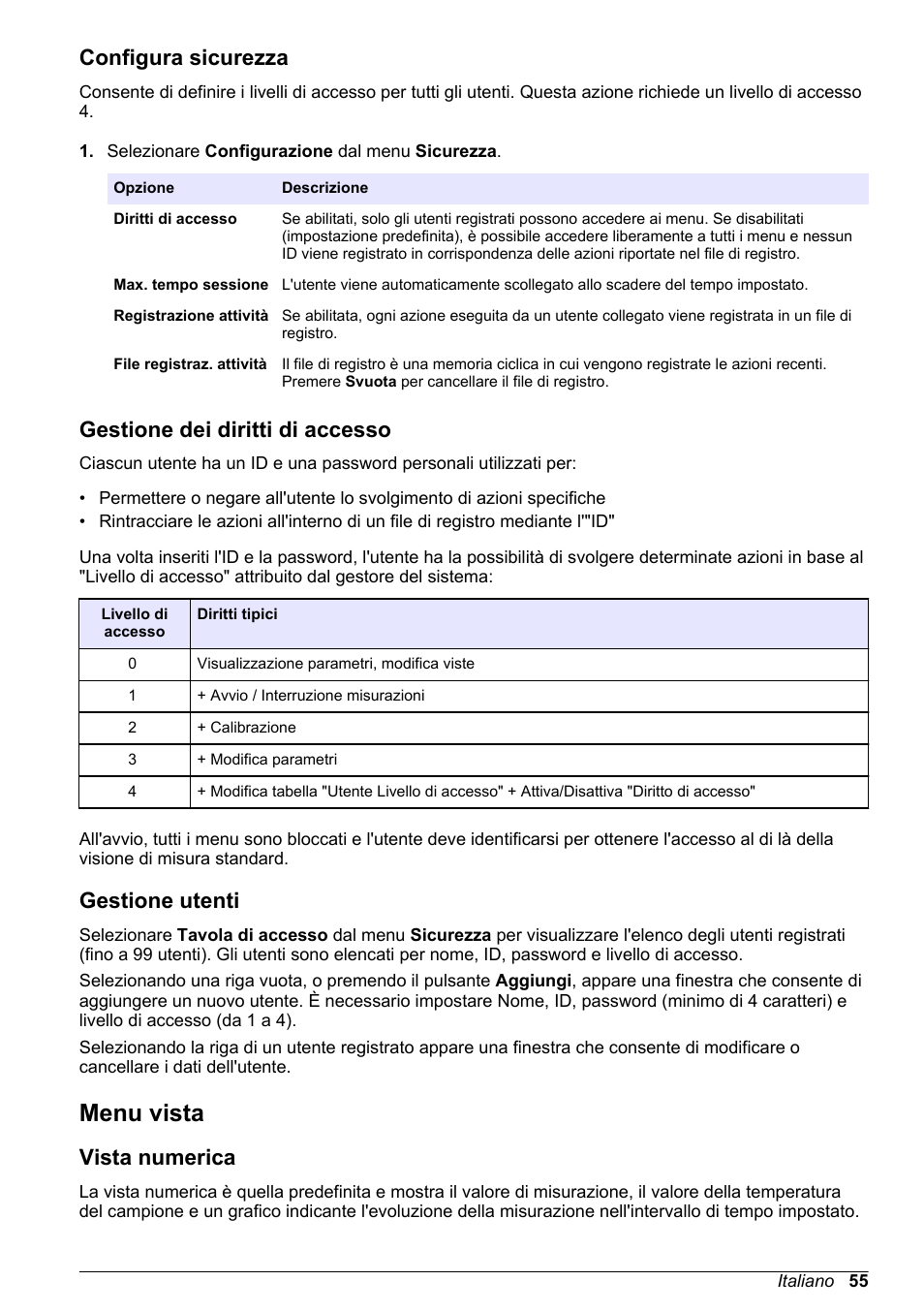 Configura sicurezza, Gestione dei diritti di accesso, Gestione utenti | Menu vista, Vista numerica | Hach-Lange ORBISPHERE 410 Basic User Manual User Manual | Page 55 / 190