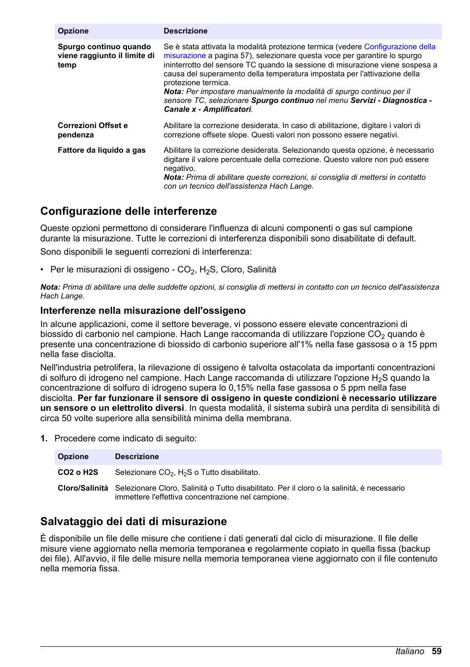 Configurazione delle interferenze, Interferenze nella misurazione dell'ossigeno, Salvataggio dei dati di misurazione | Hach-Lange ORBISPHERE 410 Basic User Manual User Manual | Page 59 / 190