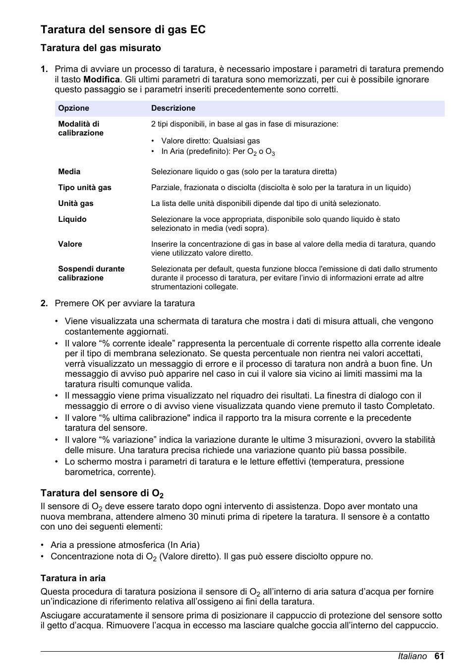 Taratura del sensore di gas ec, Taratura del gas misurato, Taratura del sensore di o2 | Hach-Lange ORBISPHERE 410 Basic User Manual User Manual | Page 61 / 190