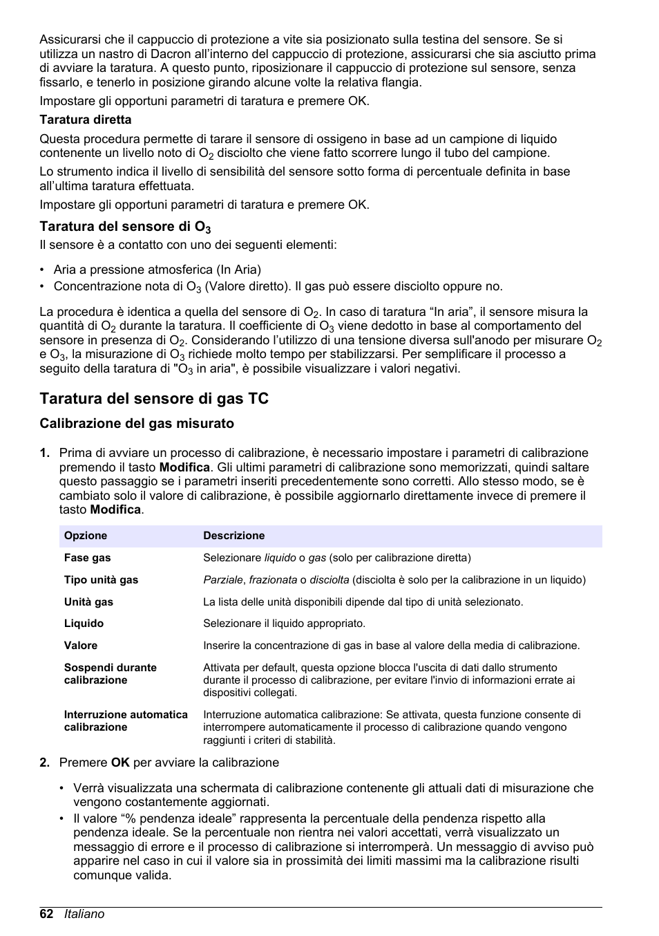Taratura del sensore di o3, Taratura del sensore di gas tc, Calibrazione del gas misurato | Hach-Lange ORBISPHERE 410 Basic User Manual User Manual | Page 62 / 190