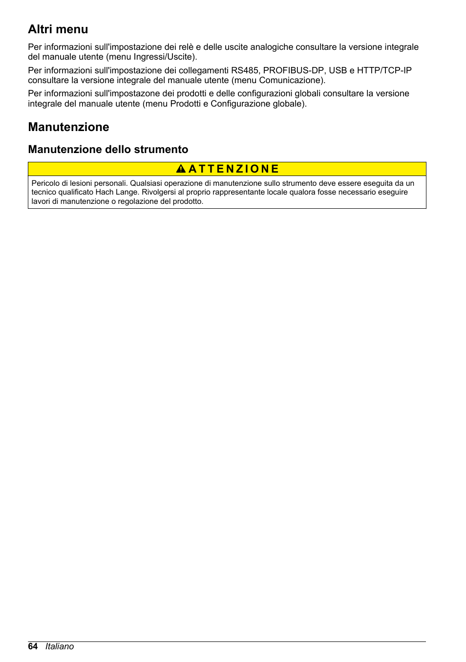 Altri menu, Manutenzione, Manutenzione dello strumento | Hach-Lange ORBISPHERE 410 Basic User Manual User Manual | Page 64 / 190