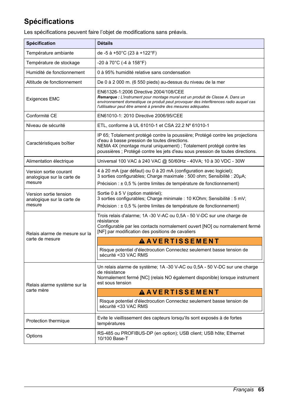 Manuel d'utilisation de base, Spécifications, Français | Hach-Lange ORBISPHERE 410 Basic User Manual User Manual | Page 65 / 190