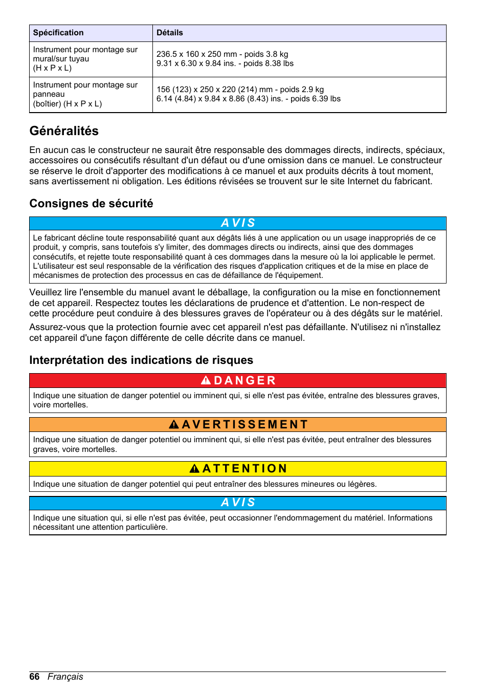 Généralités, Consignes de sécurité, Interprétation des indications de risques | A v i s | Hach-Lange ORBISPHERE 410 Basic User Manual User Manual | Page 66 / 190