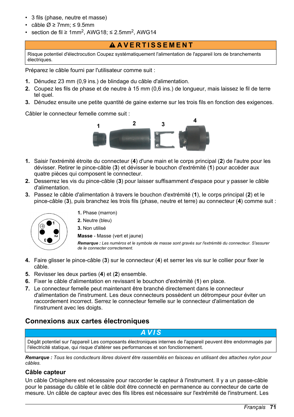 Connexions aux cartes électroniques, Câble capteur | Hach-Lange ORBISPHERE 410 Basic User Manual User Manual | Page 71 / 190
