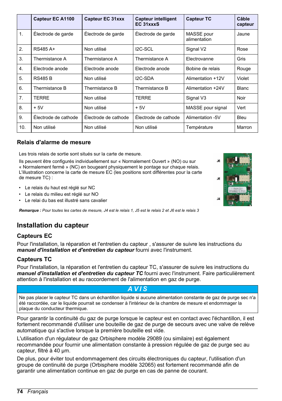 Relais d'alarme de mesure, Installation du capteur, Capteurs ec | Capteurs tc, A v i s | Hach-Lange ORBISPHERE 410 Basic User Manual User Manual | Page 74 / 190
