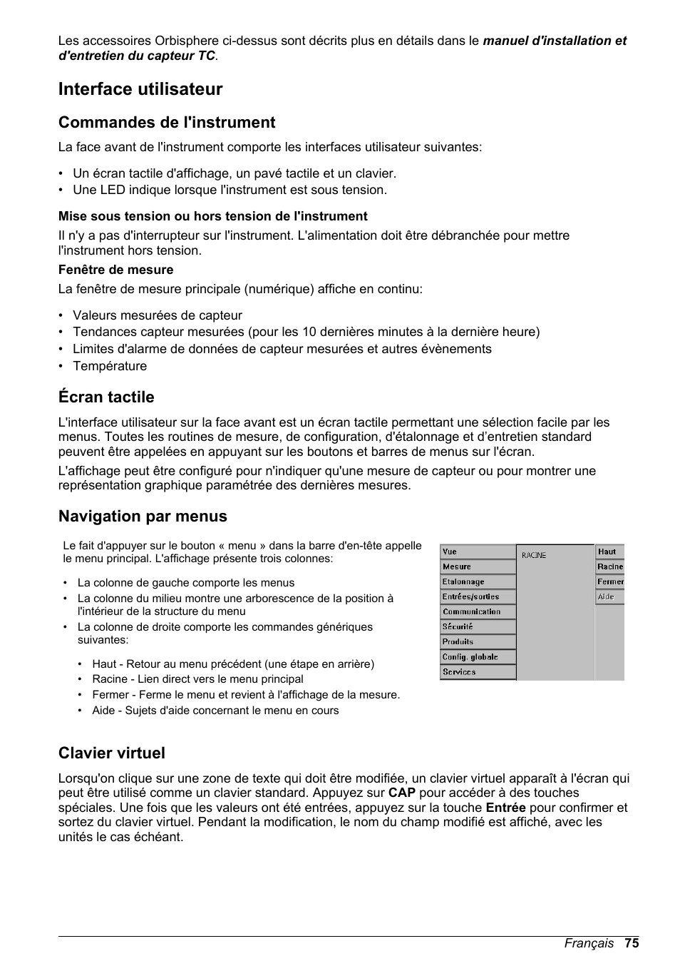 Interface utilisateur, Commandes de l'instrument, Écran tactile | Navigation par menus, Clavier virtuel | Hach-Lange ORBISPHERE 410 Basic User Manual User Manual | Page 75 / 190