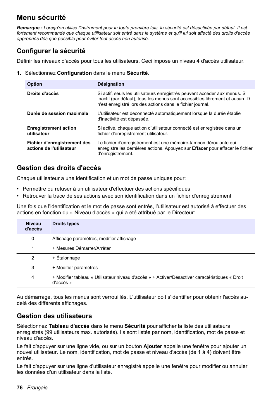Menu sécurité, Configurer la sécurité, Gestion des droits d'accès | Gestion des utilisateurs | Hach-Lange ORBISPHERE 410 Basic User Manual User Manual | Page 76 / 190