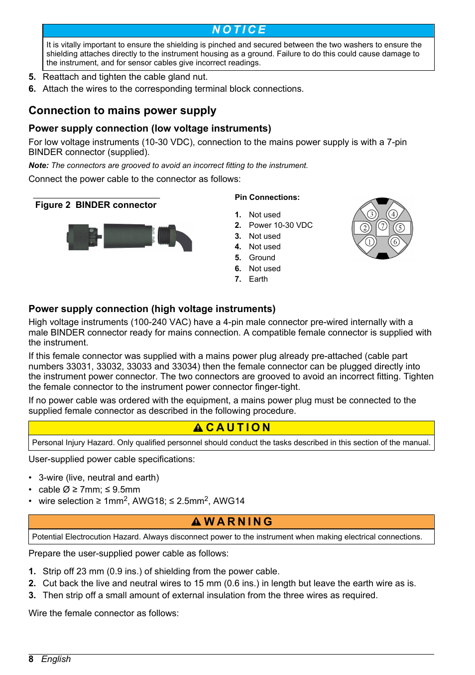 Connection to mains power supply, Power supply connection (low voltage instruments), Power supply connection (high voltage instruments) | Hach-Lange ORBISPHERE 410 Basic User Manual User Manual | Page 8 / 190