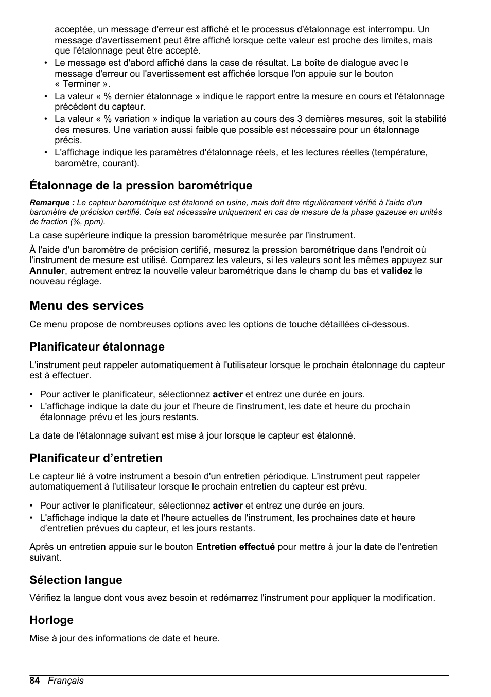 Étalonnage de la pression barométrique, Menu des services, Planificateur étalonnage | Planificateur d’entretien, Sélection langue, Horloge | Hach-Lange ORBISPHERE 410 Basic User Manual User Manual | Page 84 / 190