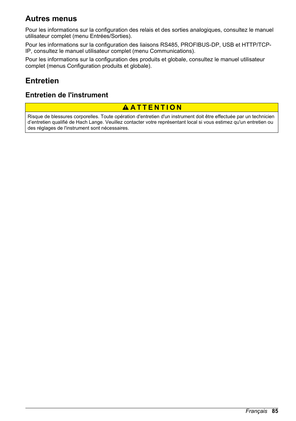 Autres menus, Entretien, Entretien de l'instrument | Hach-Lange ORBISPHERE 410 Basic User Manual User Manual | Page 85 / 190