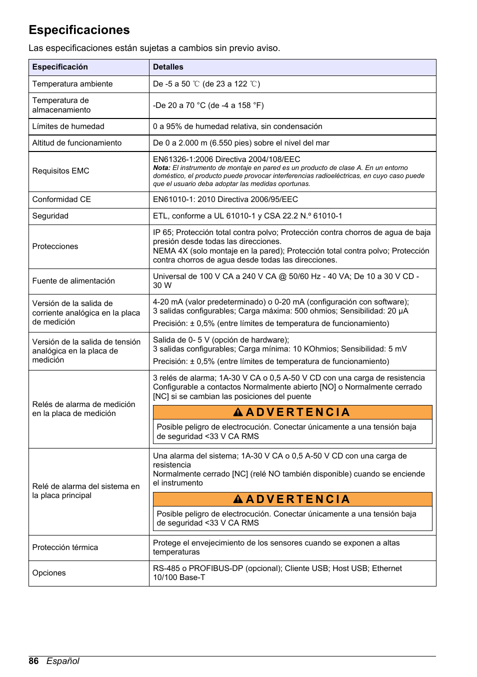 Manual básico del usuario, Especificaciones, Español | Hach-Lange ORBISPHERE 410 Basic User Manual User Manual | Page 86 / 190
