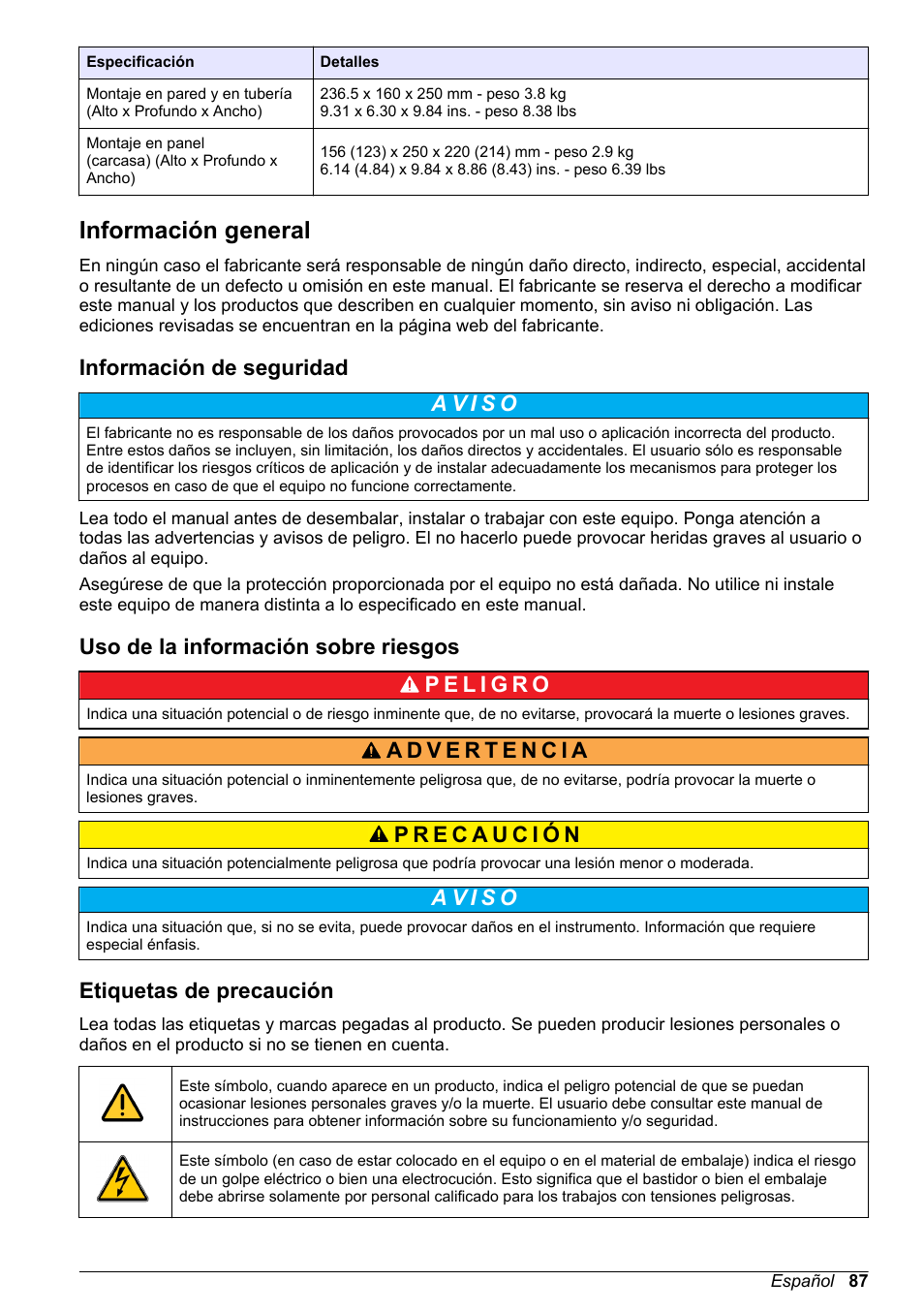 Información general, Información de seguridad, Uso de la información sobre riesgos | Etiquetas de precaución | Hach-Lange ORBISPHERE 410 Basic User Manual User Manual | Page 87 / 190
