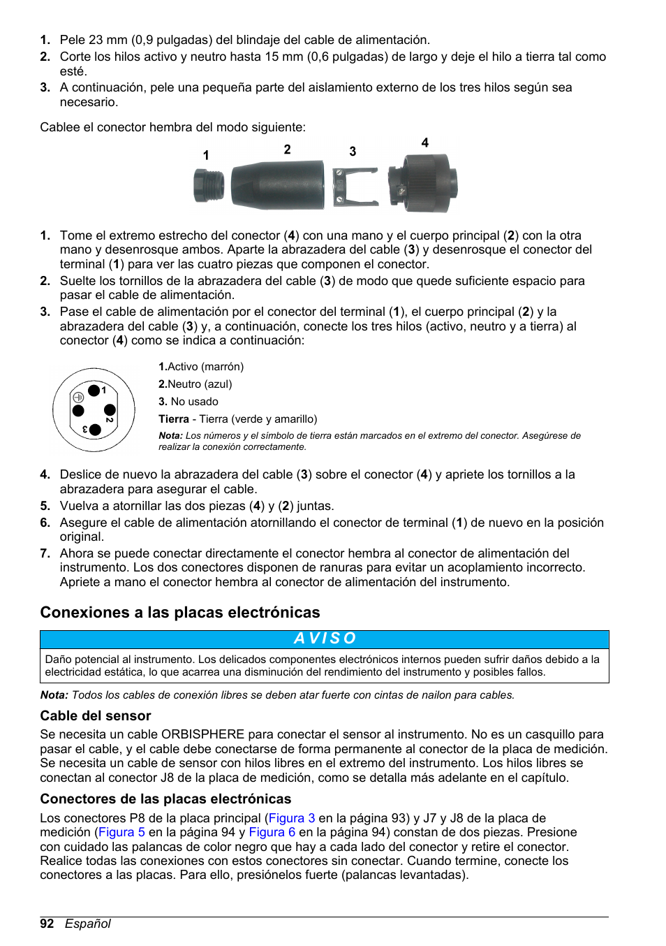 Conexiones a las placas electrónicas, Cable del sensor, Conectores de las placas electrónicas | Hach-Lange ORBISPHERE 410 Basic User Manual User Manual | Page 92 / 190