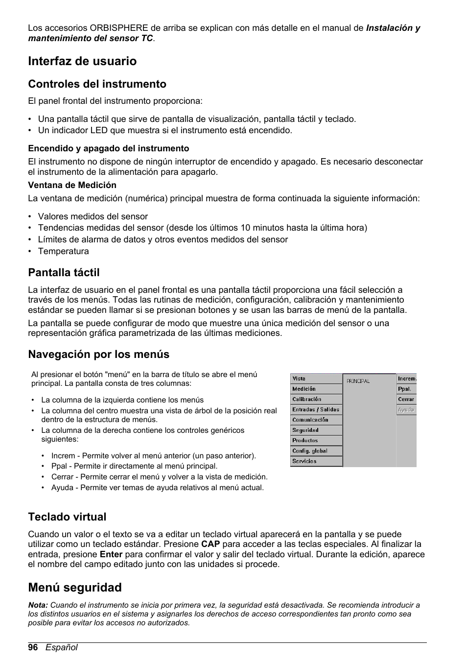 Interfaz de usuario, Controles del instrumento, Pantalla táctil | Navegación por los menús, Teclado virtual, Menú seguridad | Hach-Lange ORBISPHERE 410 Basic User Manual User Manual | Page 96 / 190