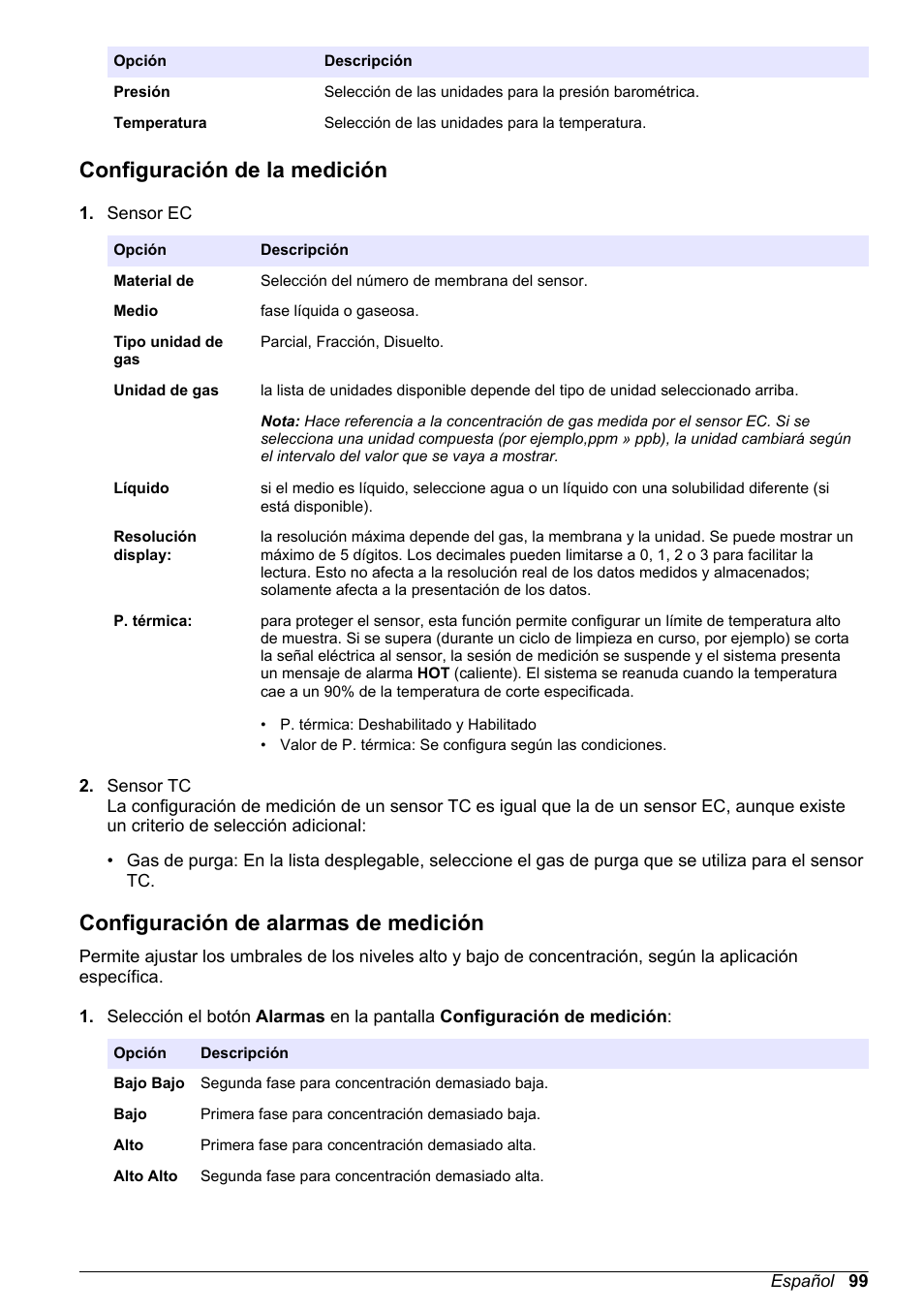 Configuración de la medición, Configuración de alarmas de medición | Hach-Lange ORBISPHERE 410 Basic User Manual User Manual | Page 99 / 190