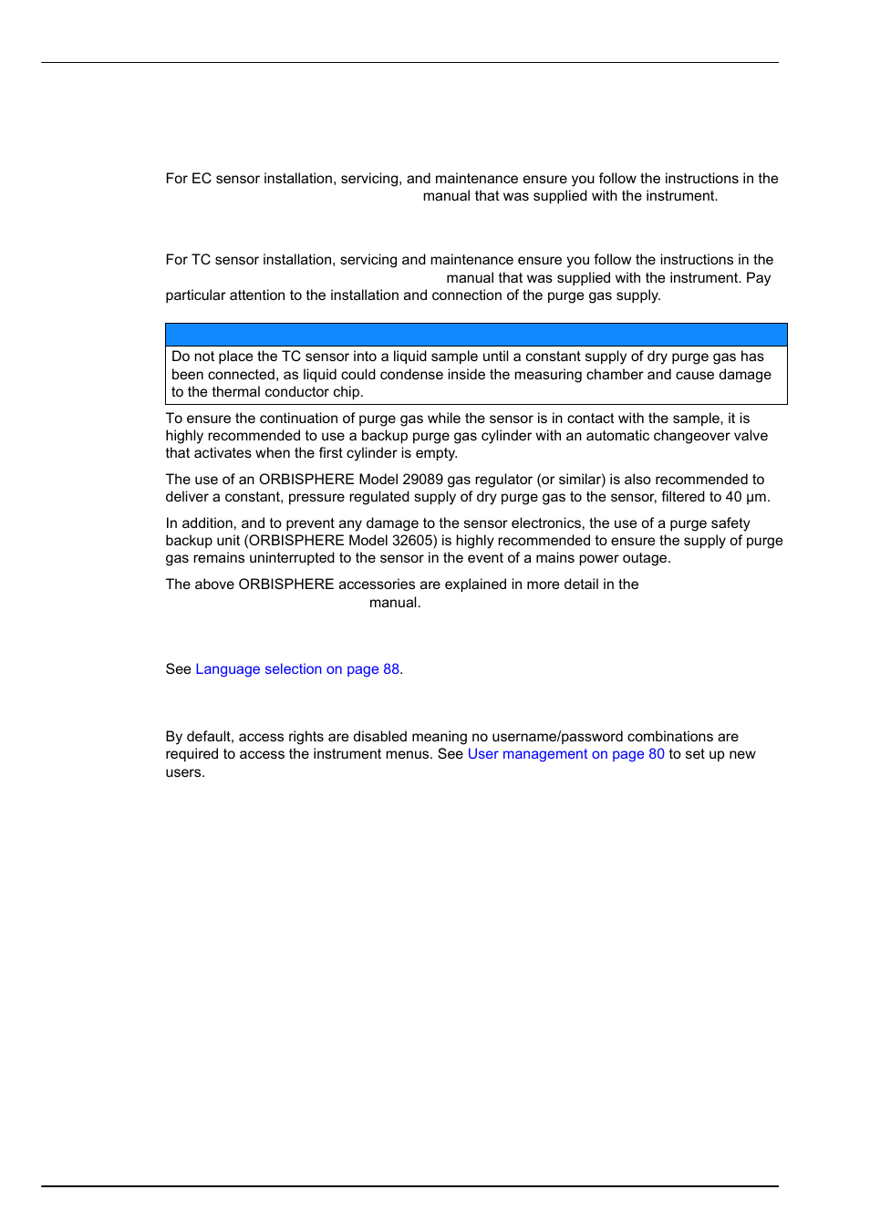 9 sensor installation, 1 ec sensors, 2 tc sensors | 10 define working language, 11 define security levels, 1 ec sensors 3.9.2 tc sensors | Hach-Lange ORBISPHERE 410 User Manual User Manual | Page 34 / 100