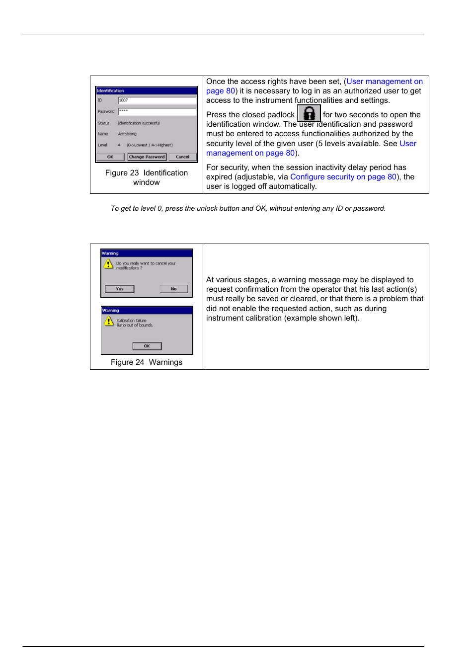 5 identification and authorization level, 6 warning windows, Identification and | Hach-Lange ORBISPHERE 410 User Manual User Manual | Page 38 / 100