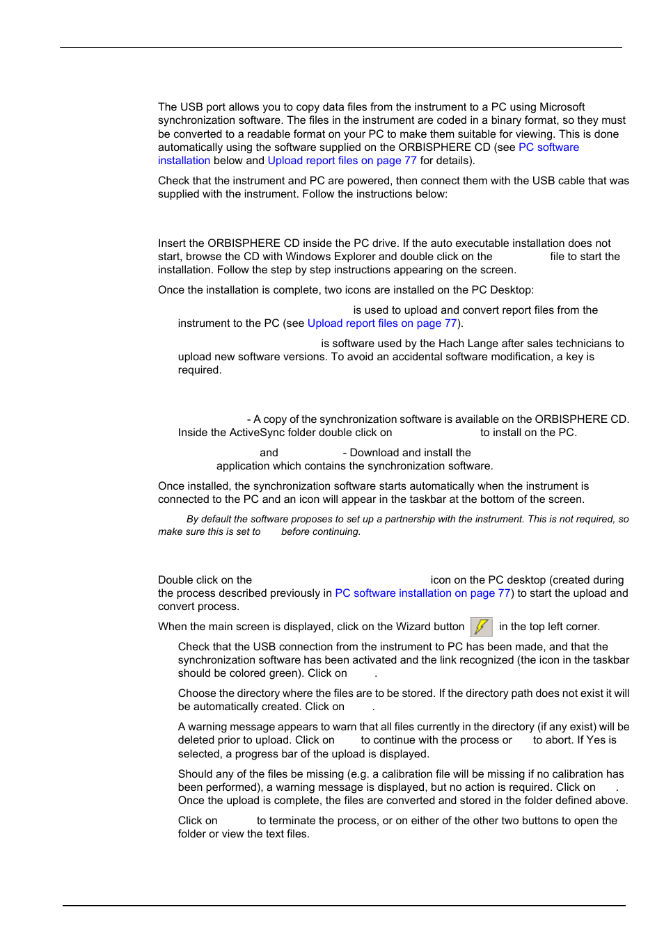 1 pc software installation, 2 microsoft synchronization software, 3 upload report files | Communication menu | Hach-Lange ORBISPHERE 410 User Manual User Manual | Page 79 / 100