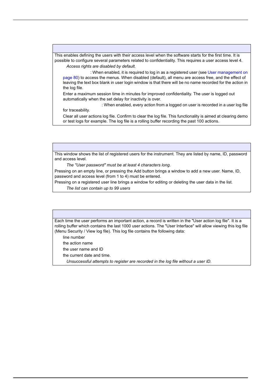 2 configure security, 3 user management, 4 user action log file | User, User management on, Also, Security menu | Hach-Lange ORBISPHERE 410 User Manual User Manual | Page 82 / 100