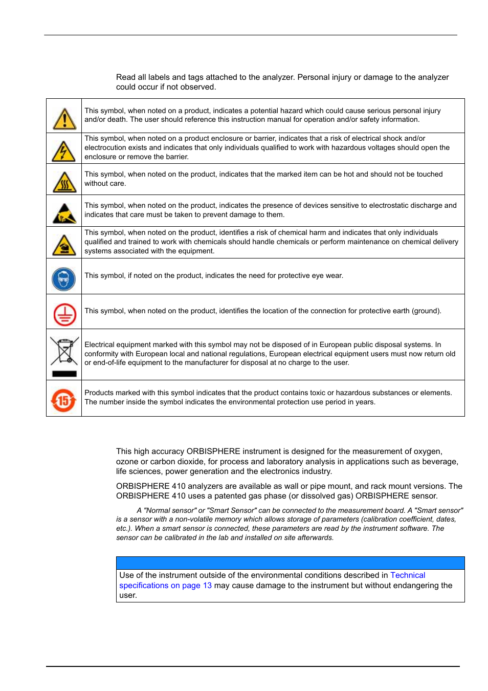 4 precautionary labels, 5 intended use of this equipment, General information 1.3.4 precautionary labels | Hach-Lange ORBISPHERE 410 User Manual User Manual | Page 9 / 100