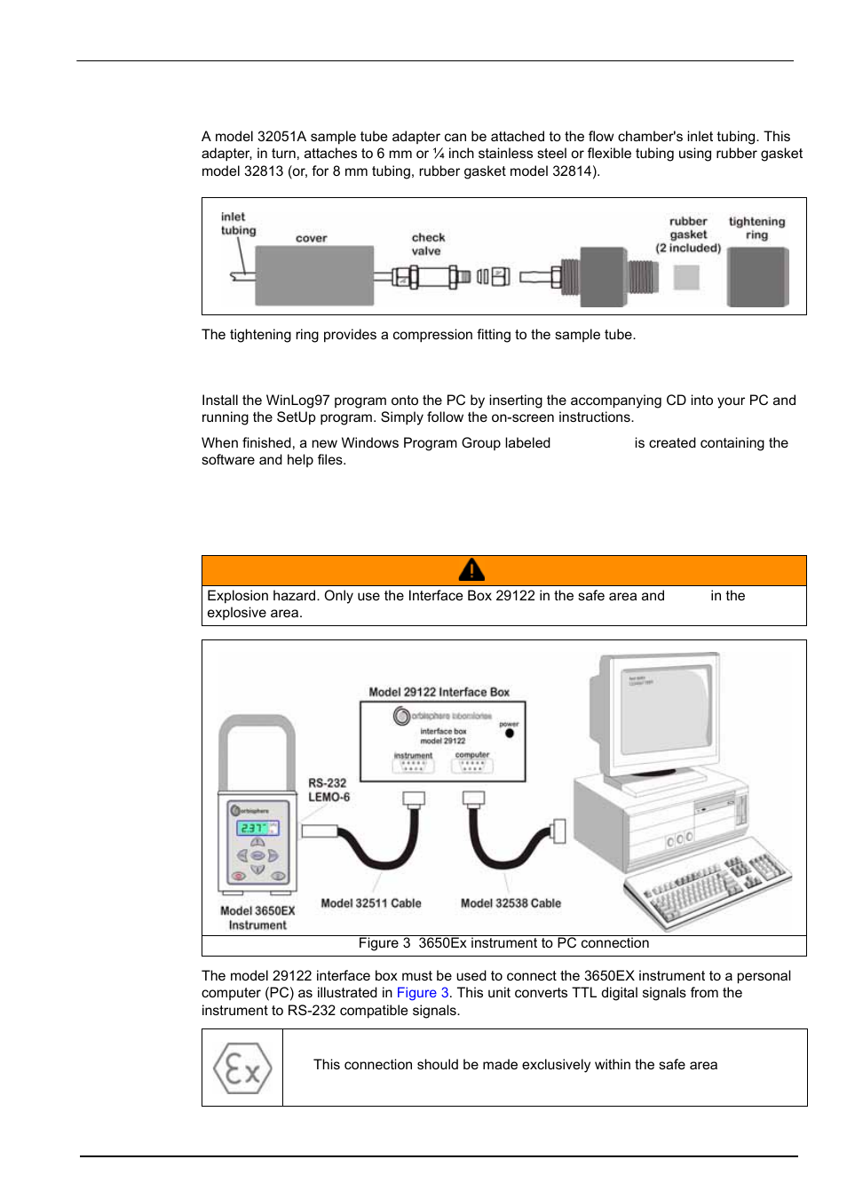 3 sample tube adapter (optional), 4 winlog97 pc program installation, 5 connections | 1 3650ex instrument - pc connection | Hach-Lange ORBISPHERE 3650 User Manual | Page 23 / 54