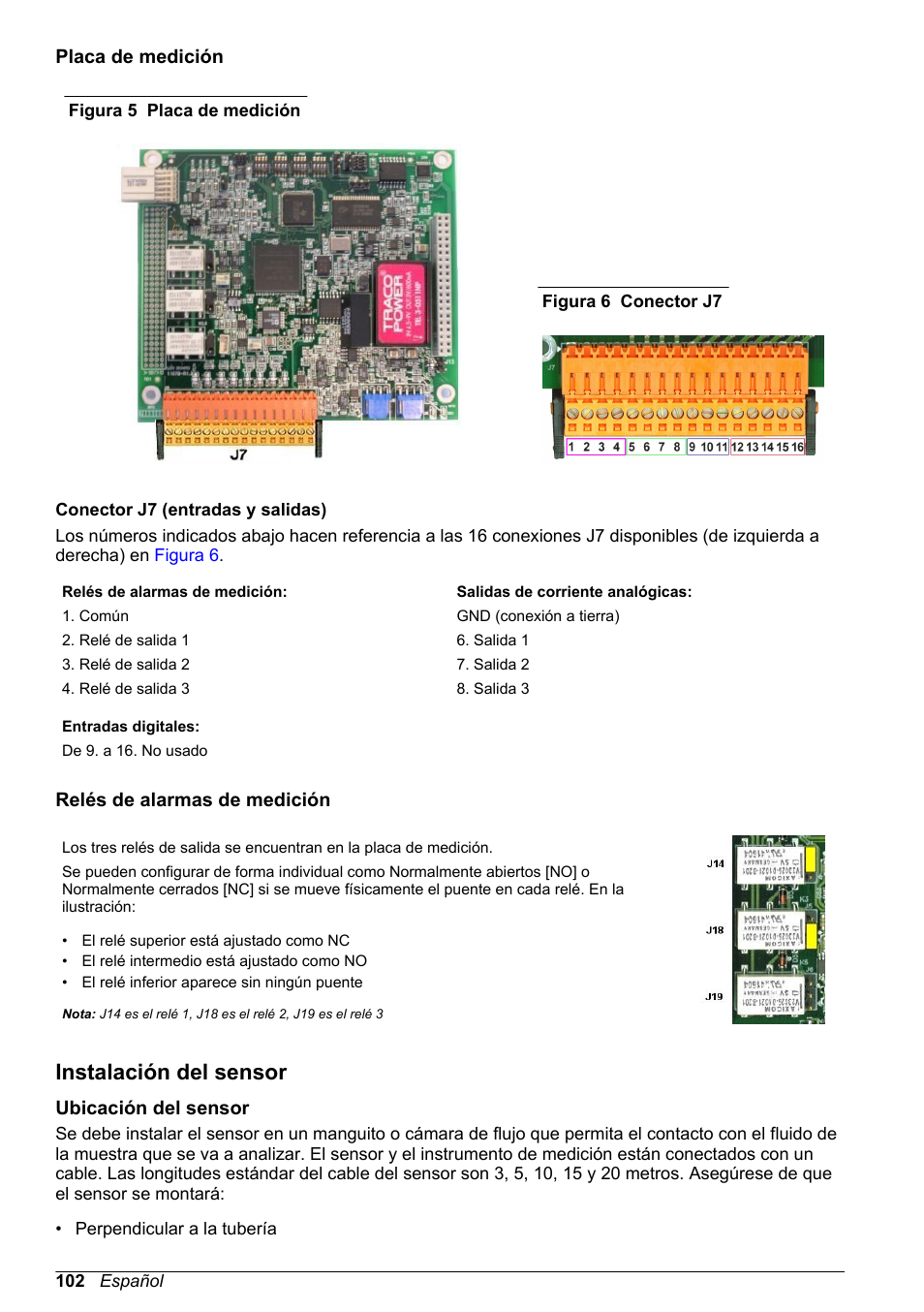 Placa de medición, Relés de alarmas de medición, Instalación del sensor | Ubicación del sensor, Figura 5 | Hach-Lange ORBISPHERE KM1100 Basic User Manual User Manual | Page 102 / 350